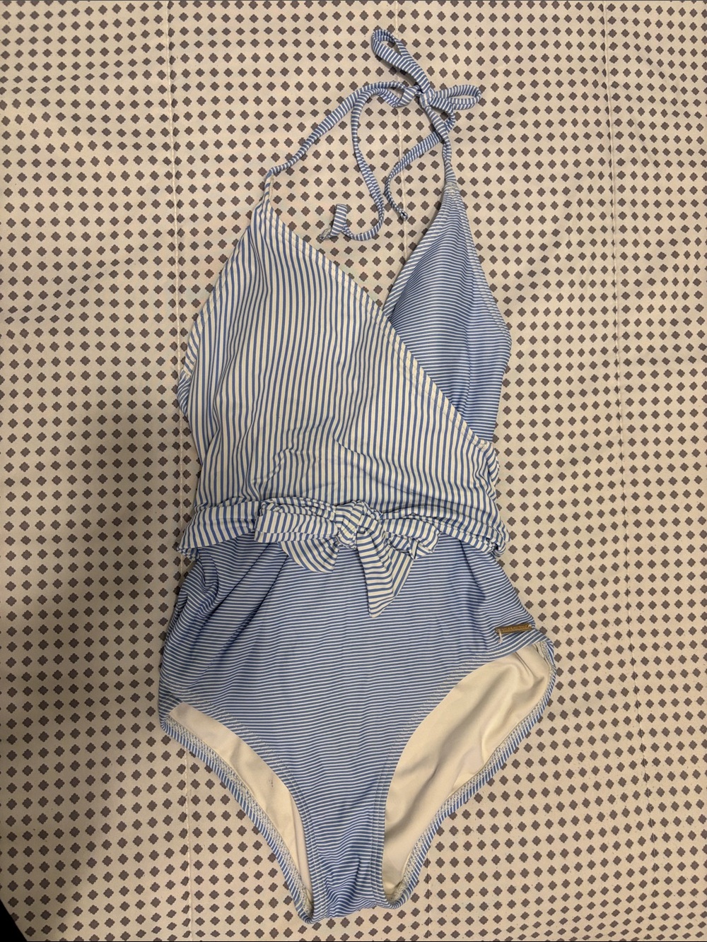 Blue & White Striped Halter One-Piece Swimsuit with Tie Waist